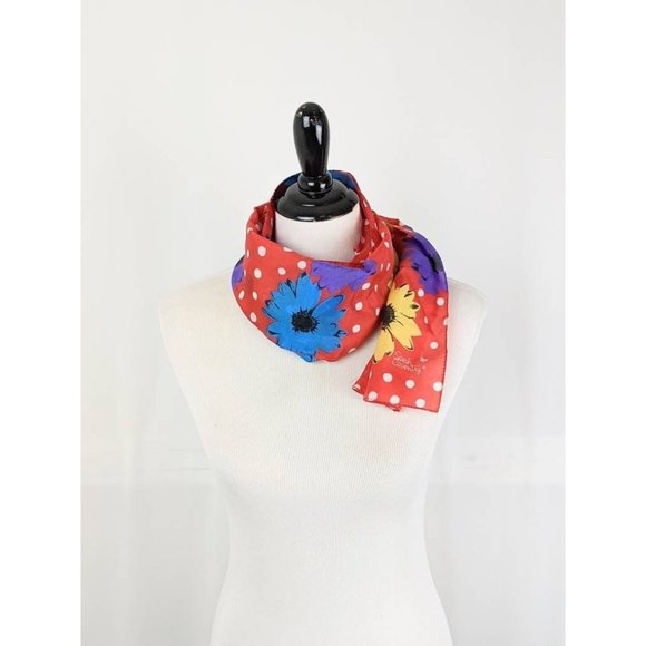 Vtg 1970s Silky Bold Red Purple Yellow Floral Print Rectangle Oblong Scarf - Picture 3 of 7